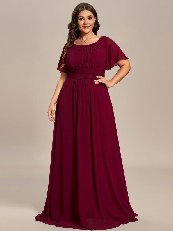 Plus Size Simple Chiffon Pleated A-Line Round Neckline Bridesmaid Dress - Burgundy