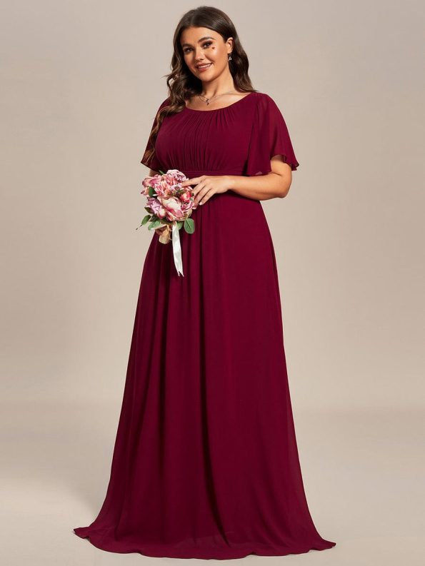 Plus Size Simple Chiffon Pleated A-Line Round Neckline Bridesmaid Dress - Burgundy