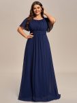 Plus Size Simple Chiffon Pleated A-Line Round Neckline Bridesmaid Dress – Navy Blue