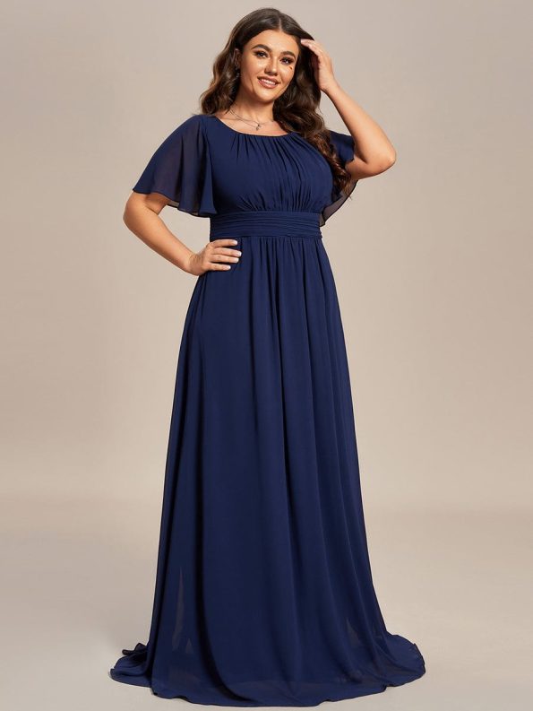 Plus Size Simple Chiffon Pleated A-Line Round Neckline Bridesmaid Dress - Navy Blue