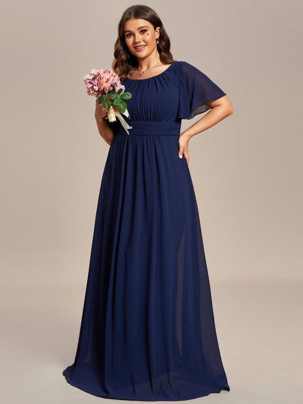 Plus Size Simple Chiffon Pleated A-Line Round Neckline Bridesmaid Dress - Navy Blue