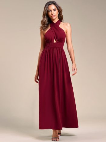 Convertible Halter A-Line Elastic Waist Tea Length Backless Bridesmaid Dress - Burgundy