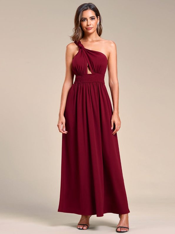 Convertible Halter A-Line Elastic Waist Tea Length Backless Bridesmaid Dress - Burgundy