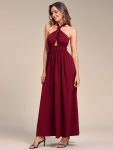 Convertible Halter A-Line Elastic Waist Tea Length Backless Bridesmaid Dress – Burgundy