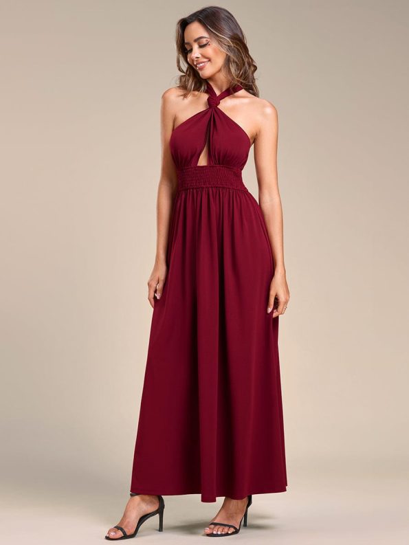 Convertible Halter A-Line Elastic Waist Tea Length Backless Bridesmaid Dress - Burgundy