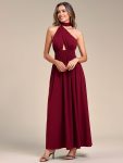 Convertible Halter A-Line Elastic Waist Tea Length Backless Bridesmaid Dress – Burgundy