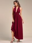 Convertible Halter A-Line Elastic Waist Tea Length Backless Bridesmaid Dress – Burgundy