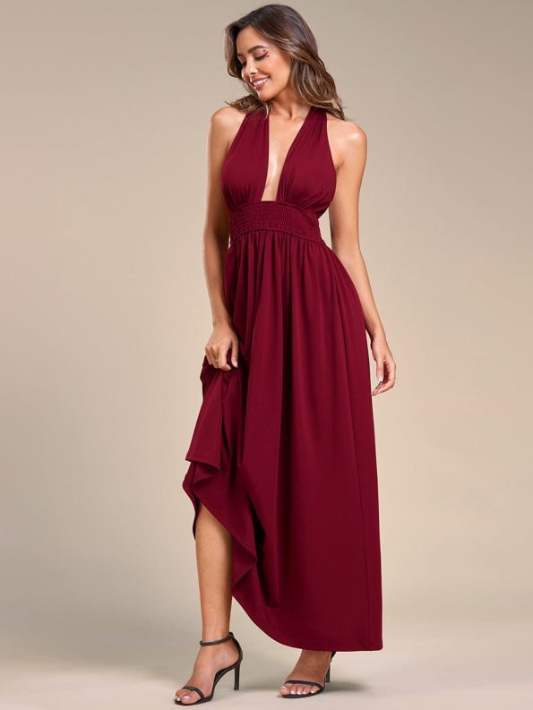 Convertible Halter A-Line Elastic Waist Tea Length Backless Bridesmaid Dress - Burgundy