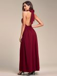 Convertible Halter A-Line Elastic Waist Tea Length Backless Bridesmaid Dress – Burgundy