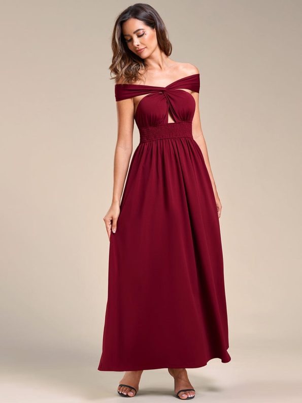 Convertible Halter A-Line Elastic Waist Tea Length Backless Bridesmaid Dress - Burgundy