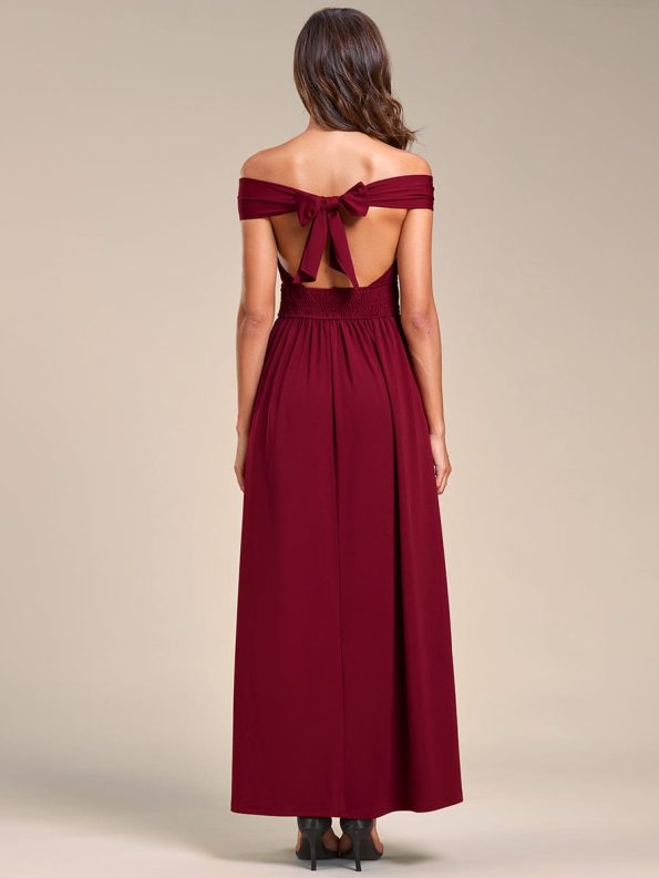 Convertible Halter A-Line Elastic Waist Tea Length Backless Bridesmaid Dress - Burgundy