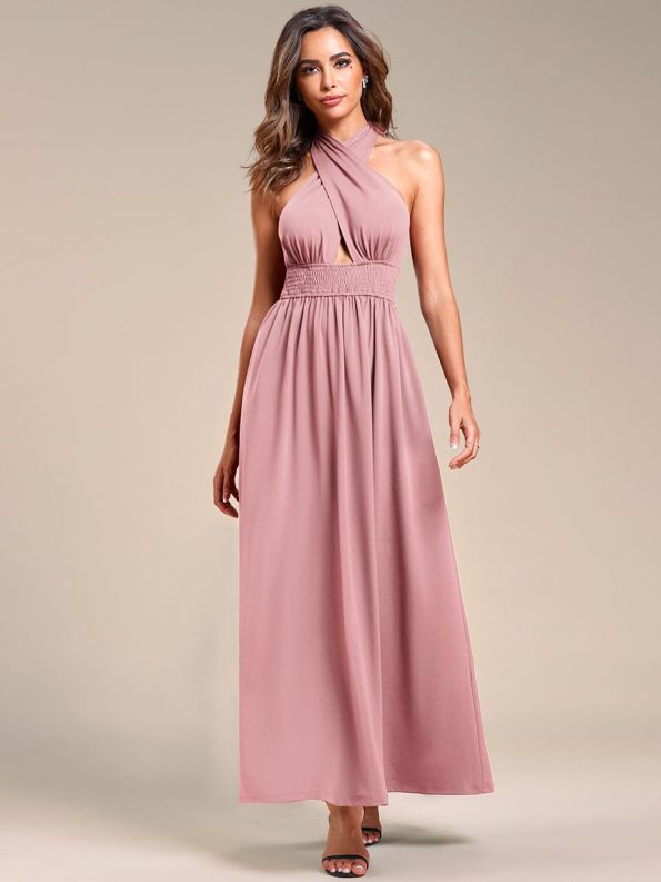 Convertible Halter A-Line Elastic Waist Tea Length Backless Bridesmaid Dress - Dusty Rose