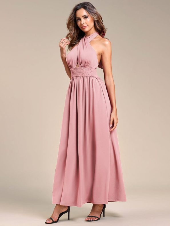 Convertible Halter A-Line Elastic Waist Tea Length Backless Bridesmaid Dress - Dusty Rose