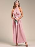 Convertible Halter A-Line Elastic Waist Tea Length Backless Bridesmaid Dress – Dusty Rose