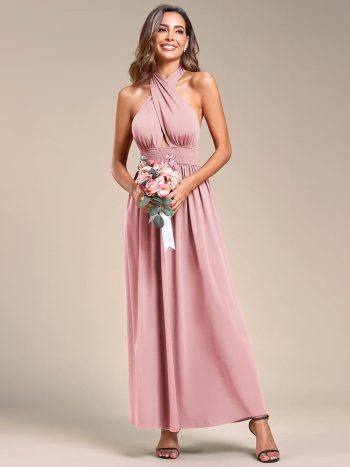 Convertible Halter A-Line Elastic Waist Tea Length Backless Bridesmaid Dress - Dusty Rose