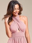 Convertible Halter A-Line Elastic Waist Tea Length Backless Bridesmaid Dress – Dusty Rose