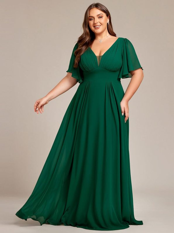 Plus Size Chiffon A-Line Double V-Neck Empire Waist Bridesmaid Dress - Dark Green