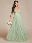 Empire Waist Spaghetti Sratp V-Neck Backless Tulle Bridesmaid Dress – Mint Green