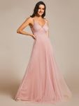 Empire Waist Spaghetti Sratp V-Neck Backless Tulle Bridesmaid Dress – Pink