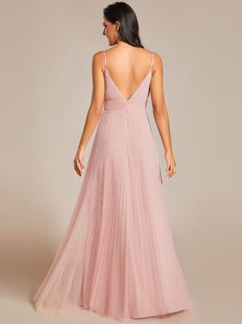 Empire Waist Spaghetti Sratp V-Neck Backless Tulle Bridesmaid Dress - Pink