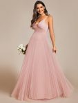 Empire Waist Spaghetti Sratp V-Neck Backless Tulle Bridesmaid Dress – Pink