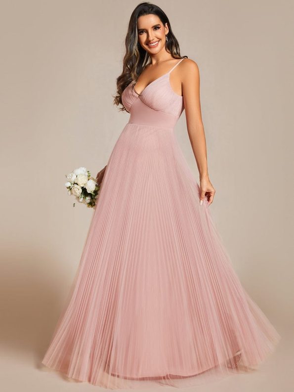 Empire Waist Spaghetti Sratp V-Neck Backless Tulle Bridesmaid Dress - Pink