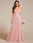 Empire Waist Spaghetti Sratp V-Neck Backless Tulle Bridesmaid Dress – Pink