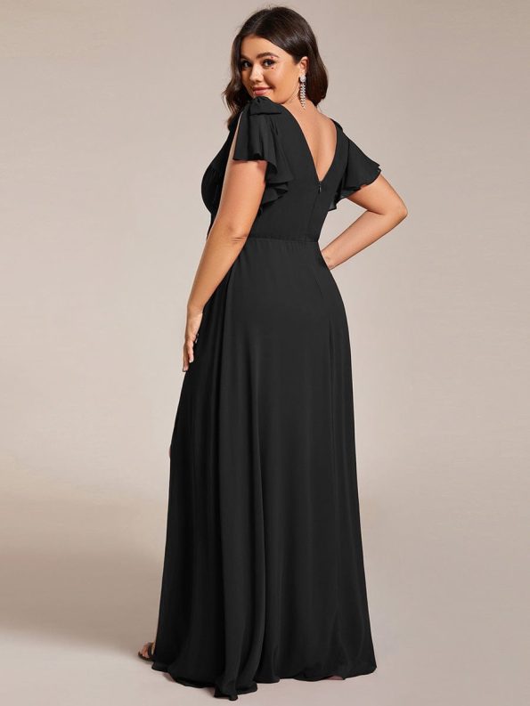 Short Sleeves with Bowknot High Front Slit A-Line Chiffon Bridesmaid Dress - Black