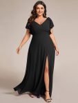 Short Sleeves with Bowknot High Front Slit A-Line Chiffon Bridesmaid Dress – Black