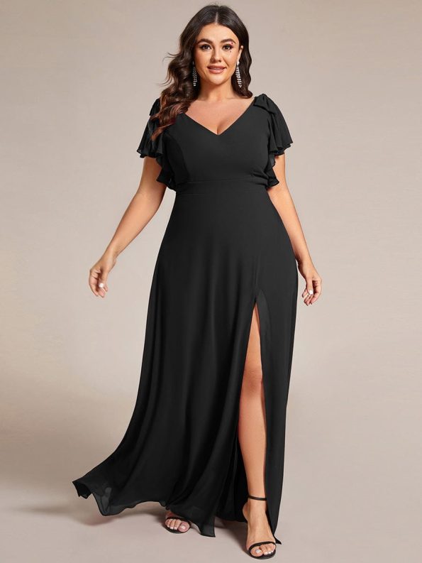 Short Sleeves with Bowknot High Front Slit A-Line Chiffon Bridesmaid Dress - Black