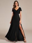 Short Sleeves with Bowknot High Front Slit A-Line Chiffon Bridesmaid Dress – Black