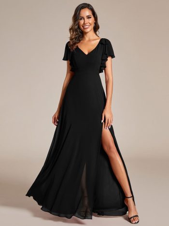 Short Sleeves with Bowknot High Front Slit A-Line Chiffon Bridesmaid Dress - Black