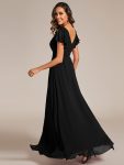 Short Sleeves with Bowknot High Front Slit A-Line Chiffon Bridesmaid Dress – Black