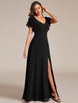 Short Sleeves with Bowknot High Front Slit A-Line Chiffon Bridesmaid Dress – Black