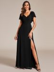 Short Sleeves with Bowknot High Front Slit A-Line Chiffon Bridesmaid Dress – Black