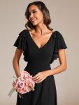 Short Sleeves with Bowknot High Front Slit A-Line Chiffon Bridesmaid Dress – Black