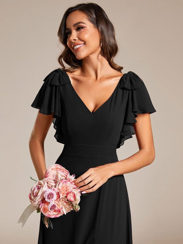 Short Sleeves with Bowknot High Front Slit A-Line Chiffon Bridesmaid Dress - Black