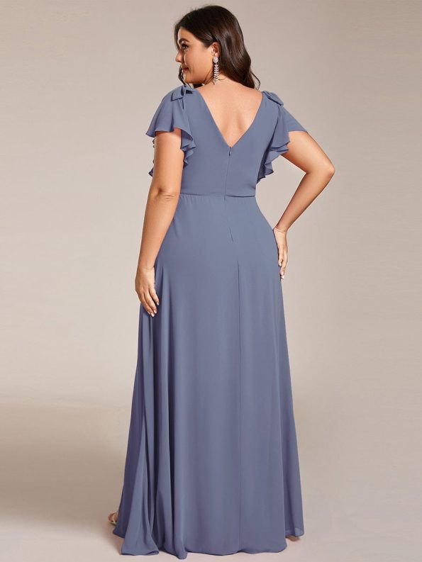 Short Sleeves with Bowknot High Front Slit A-Line Chiffon Bridesmaid Dress - Dusty Navy