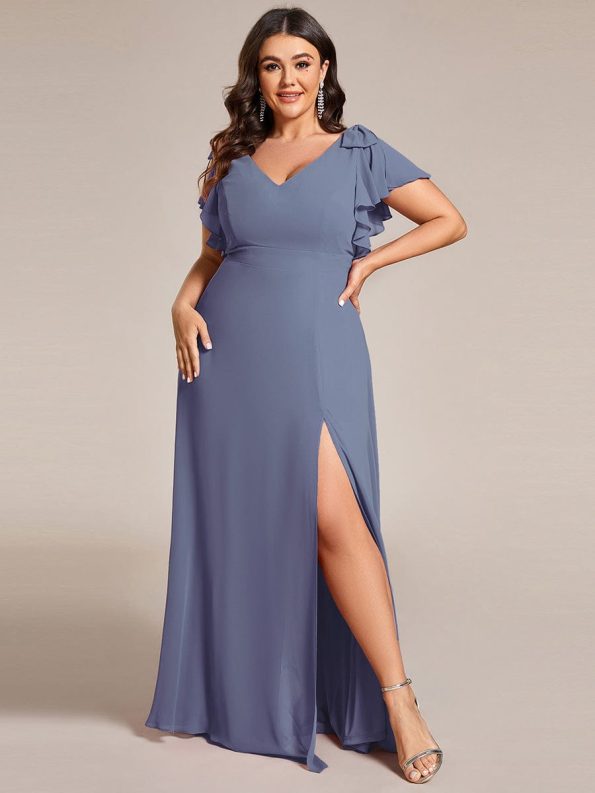 Short Sleeves with Bowknot High Front Slit A-Line Chiffon Bridesmaid Dress - Dusty Navy