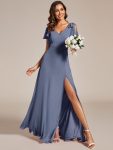 Short Sleeves with Bowknot High Front Slit A-Line Chiffon Bridesmaid Dress – Dusty Navy