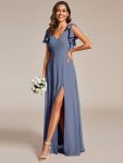 Short Sleeves with Bowknot High Front Slit A-Line Chiffon Bridesmaid Dress – Dusty Navy