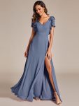 Short Sleeves with Bowknot High Front Slit A-Line Chiffon Bridesmaid Dress – Dusty Navy