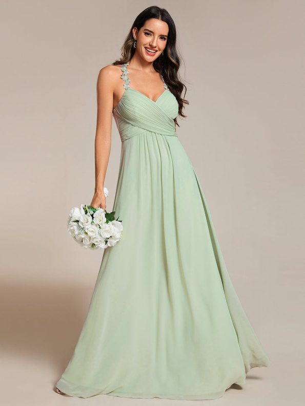 Floral Halter Neck Pleated Backless Bridesmaid Dress in Chiffon - Mint Green