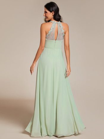 Floral Halter Neck Pleated Backless Bridesmaid Dress in Chiffon - Mint Green
