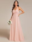 Floral Halter Neck Pleated Backless Bridesmaid Dress in Chiffon – Pink