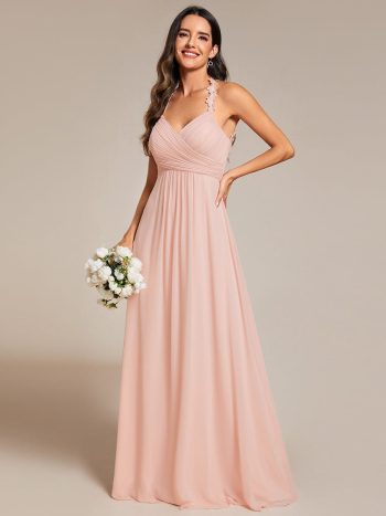 Floral Halter Neck Pleated Backless Bridesmaid Dress in Chiffon - Pink