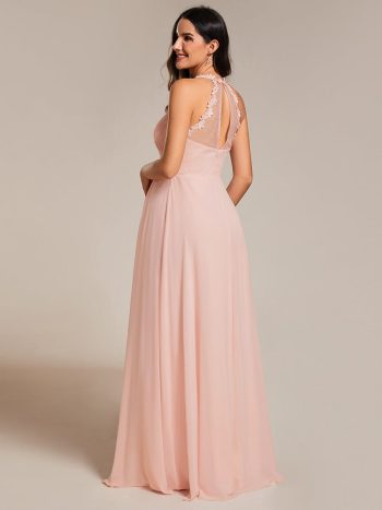 Floral Halter Neck Pleated Backless Bridesmaid Dress in Chiffon - Pink