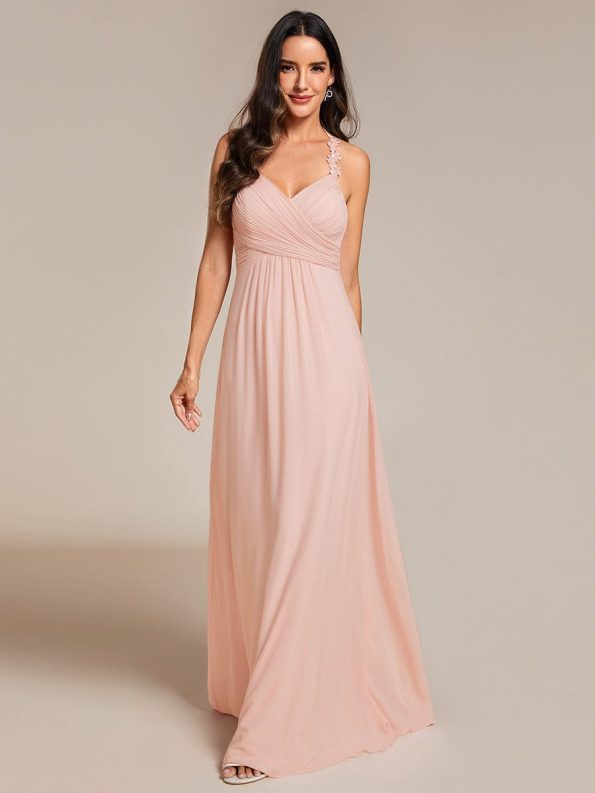 Floral Halter Neck Pleated Backless Bridesmaid Dress in Chiffon - Pink