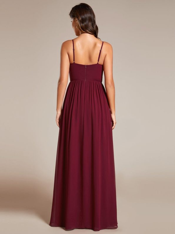 Maxi Sleeveless Pleated Chiffon Bridesmaid Dress with Lotus Leaf - Burgundy