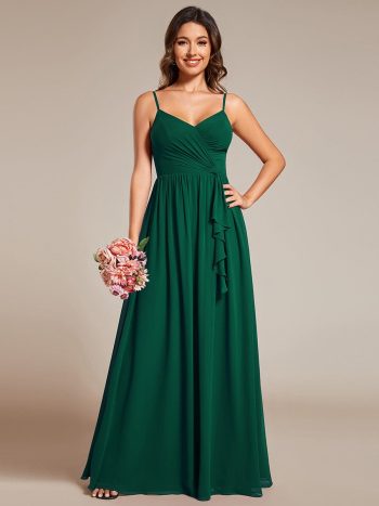 Maxi Sleeveless Pleated Chiffon Bridesmaid Dress with Lotus Leaf - Dark Green